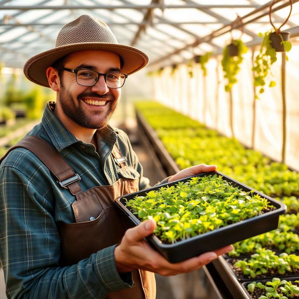 Local San Diego microgreens farmer holding a living tray